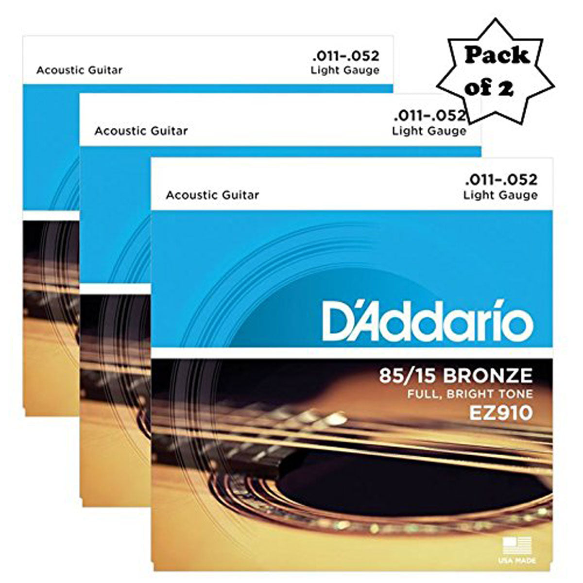 D'Addario EZ910 Bronze Light (.011-.052), 85/15 Acoustic Guitar Strings (3 Pack)